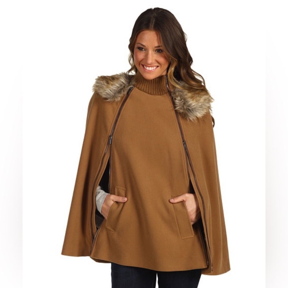 BCBGMaxAzria Tan Cape with Faux Fur Trim